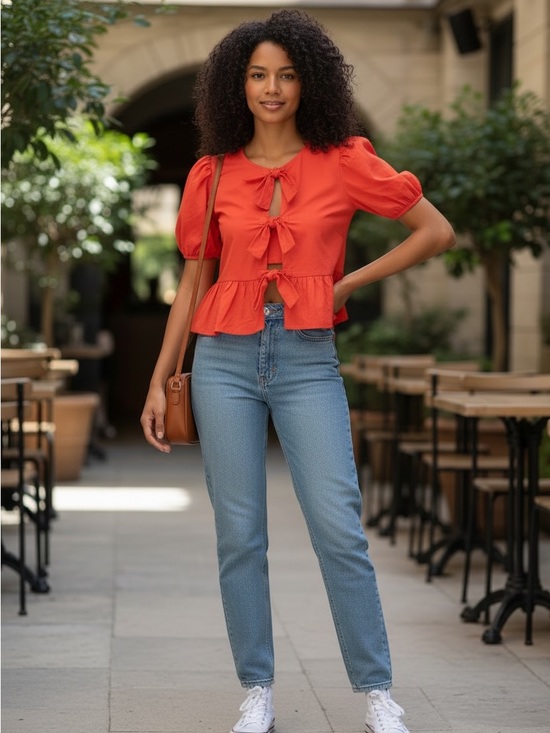 Sim & Sam Tops - Puff Sleeve Vibrant Red Orange Cotton Blouse with Tie Closure Size L Boho Summer